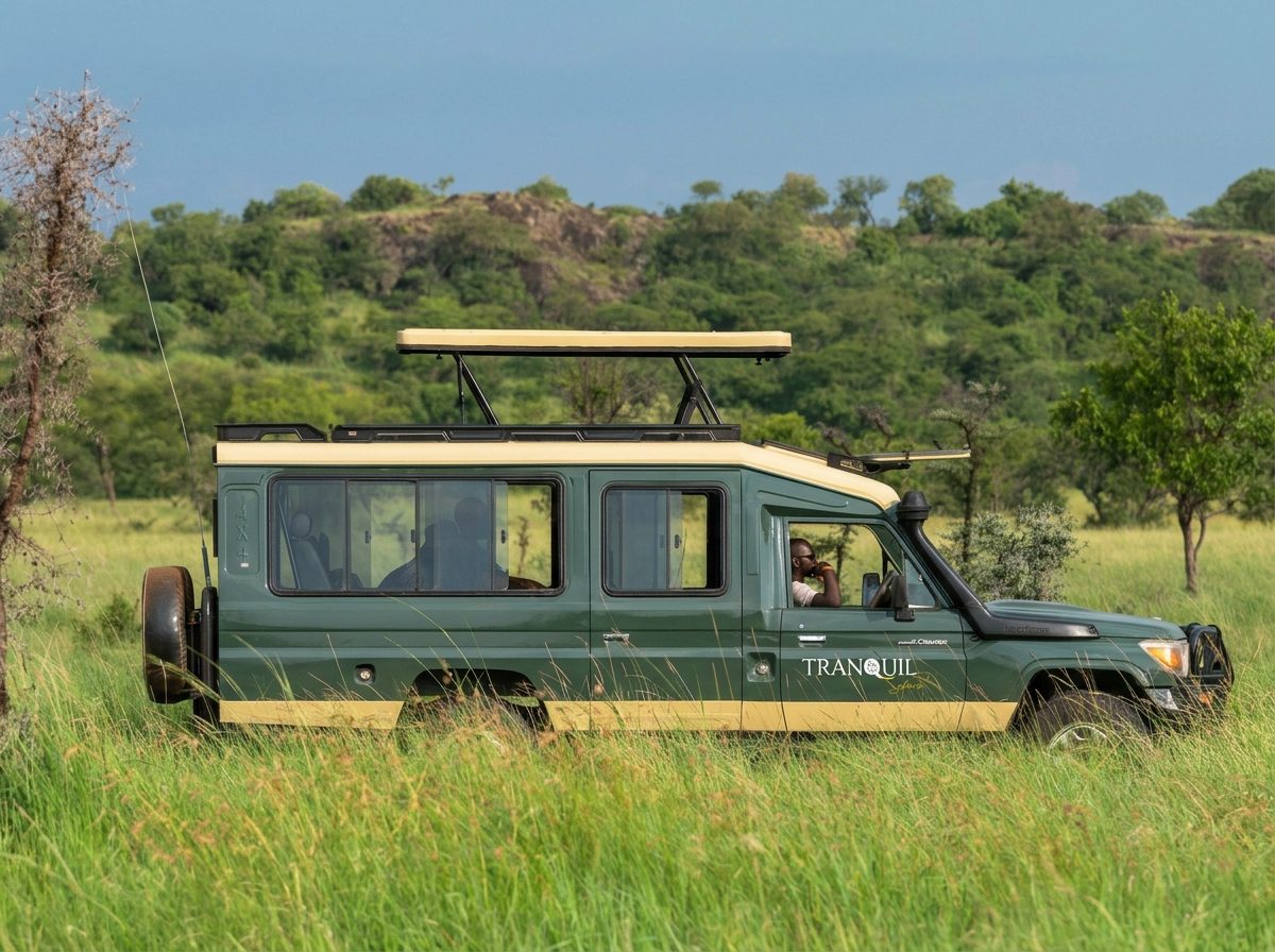 A Tranquil Safaris game-drive vehicle, roof hatch raised, standing side-on in long grass with a driver in the cab and wooded hills behind.